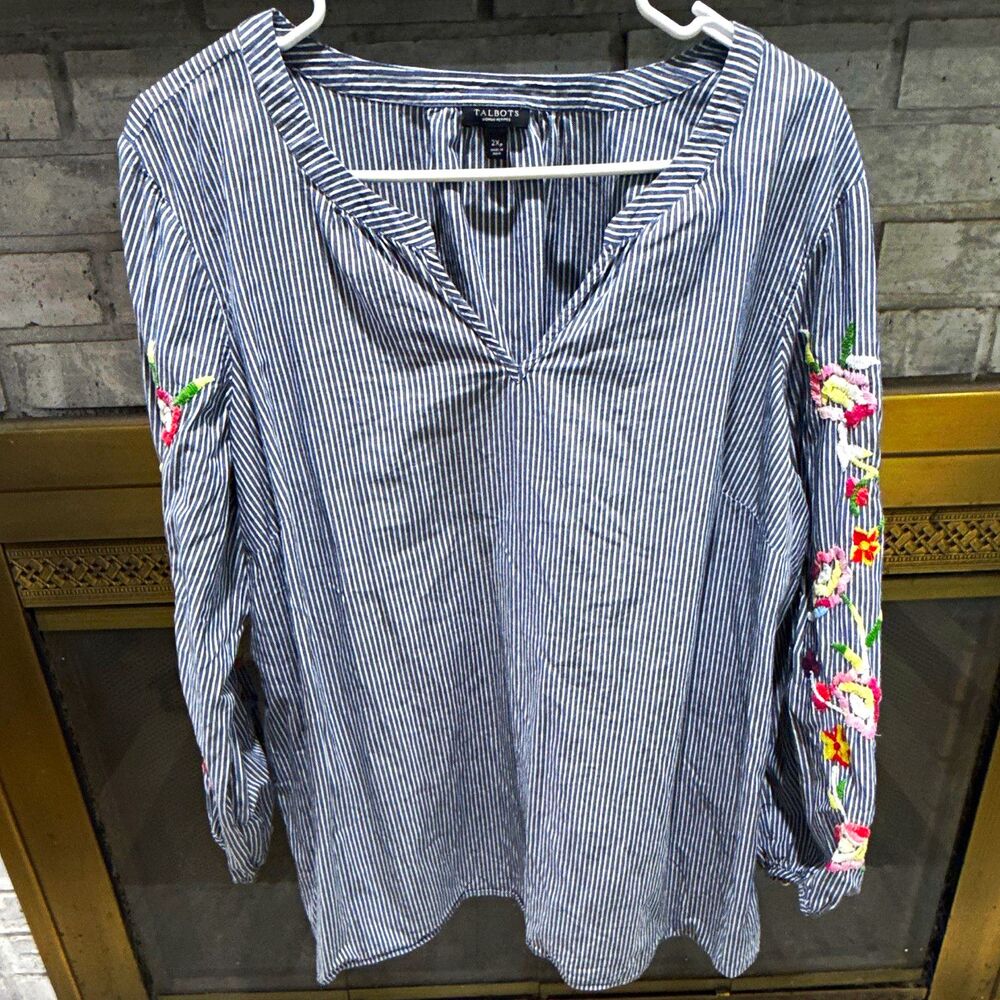 Talbots Petites 2XP Blue White Striped Embroidered V-Neck LS Cotton Blouse